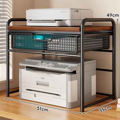 Zwei-Tier Metall- und Holzdruckerstand mit schiebbarer Mesh-Schublade und Unterregal-Speicher