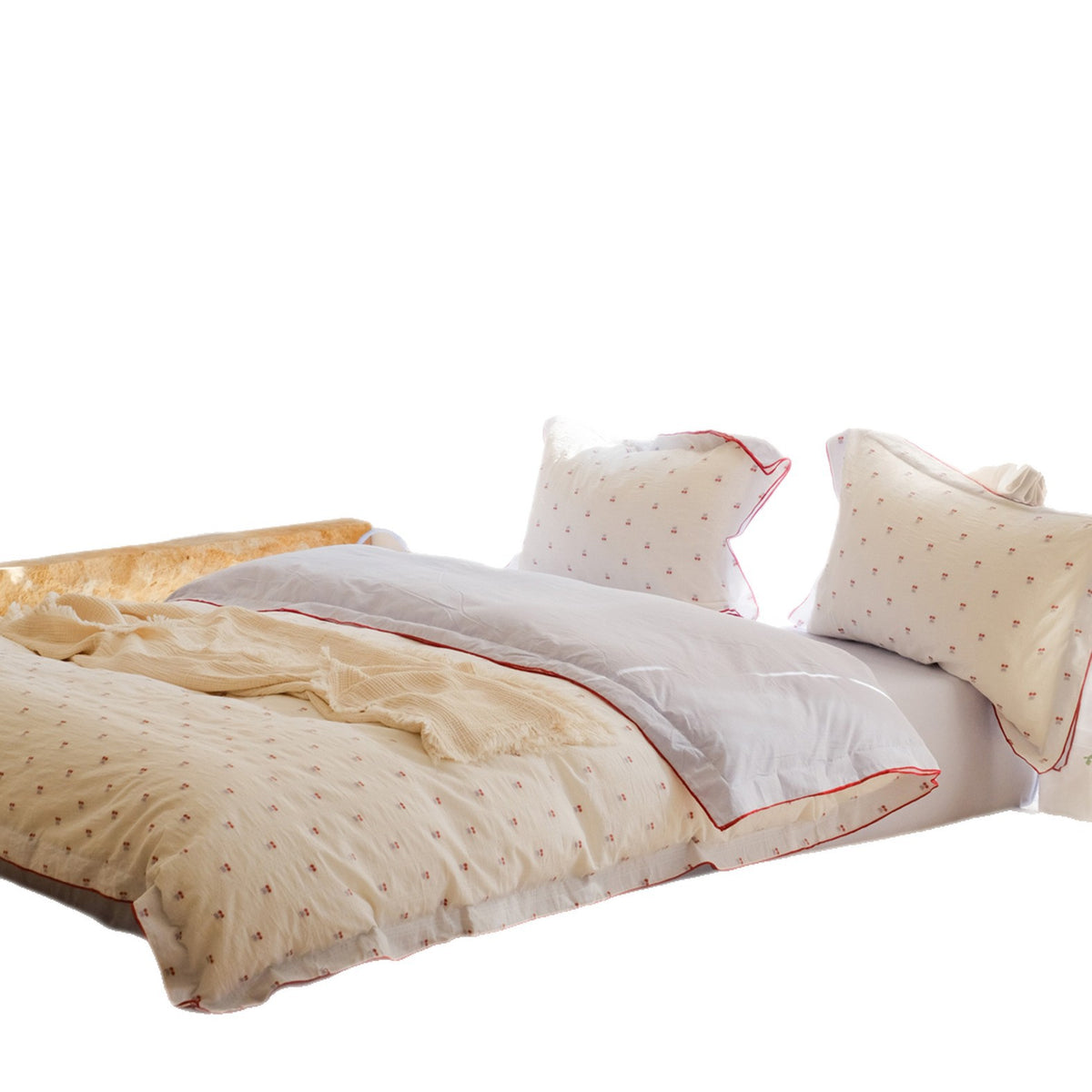 Besticktes Baumwoll-Bettdeckenbezug-Set mit Ösen-Spitzenbesatz