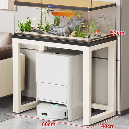 Gold-Metall-Aquarium-Konsole mit Kunstmarmorplatte und Robotersauger-Aufbewahrung