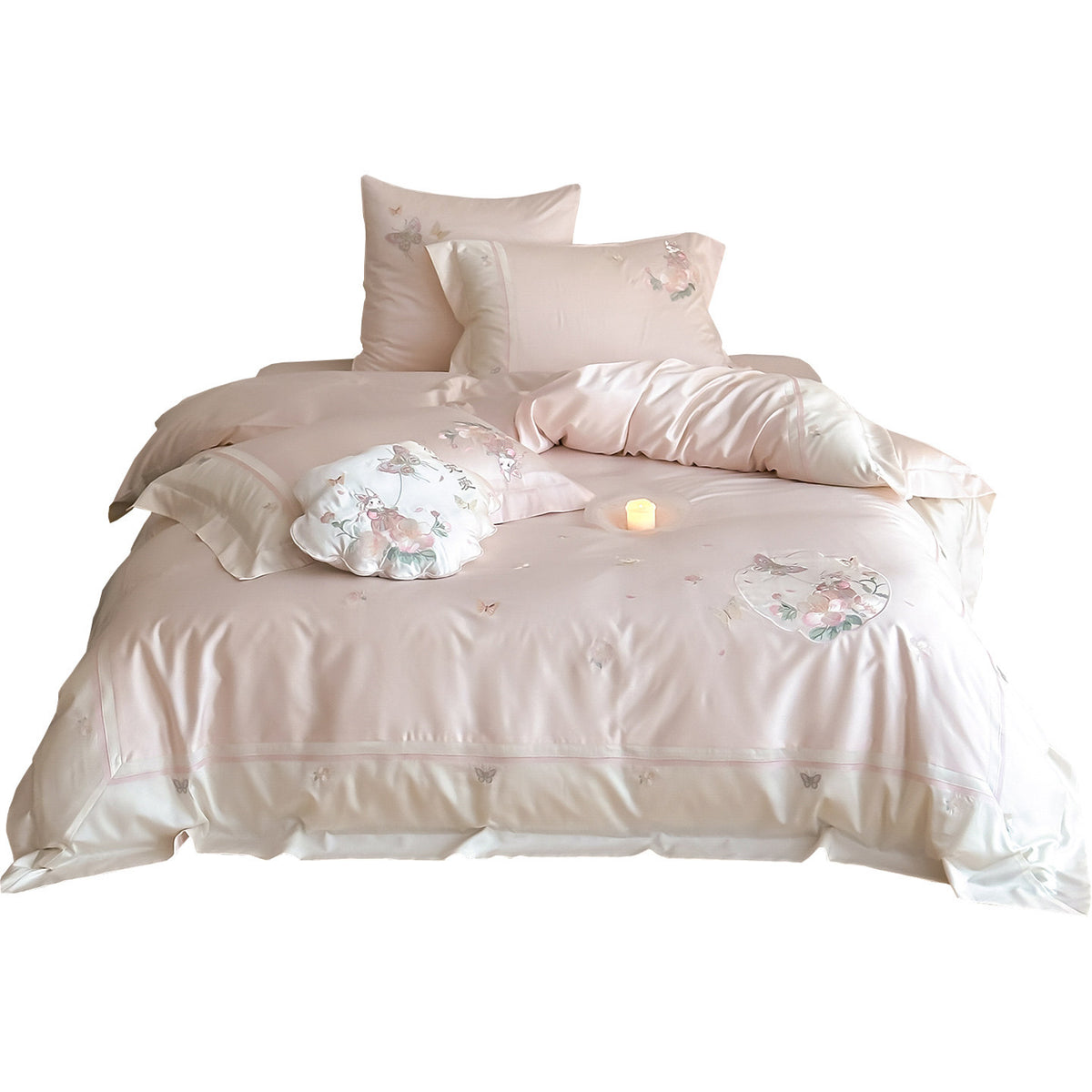 Luxus Baumwollsatin Bestickte Botanische Kaninchen Bettbezugset
