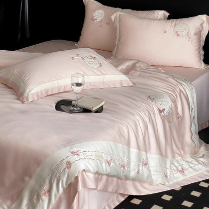 Bestickte Satin-Feel Schmetterlings Bettbezug Bettwäsche Set