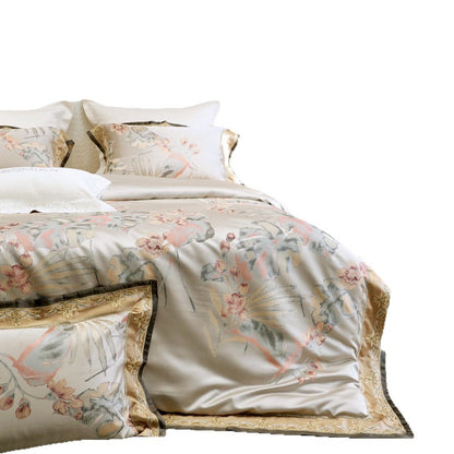 Luxuriöses botanisches Satin-Gefühl Bettbezug-Set mit gesticktem goldenen Rand und umkehrbarem Satinrücken