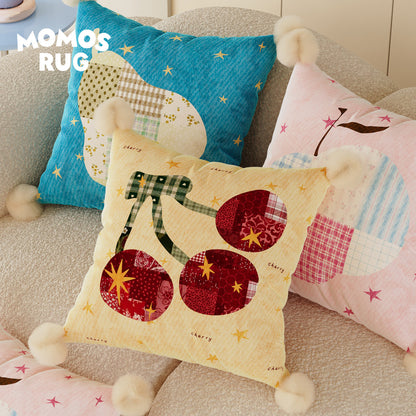 Patchwork Pear Appliqué Decorative Throw Pillow with Pom-Pom Corners