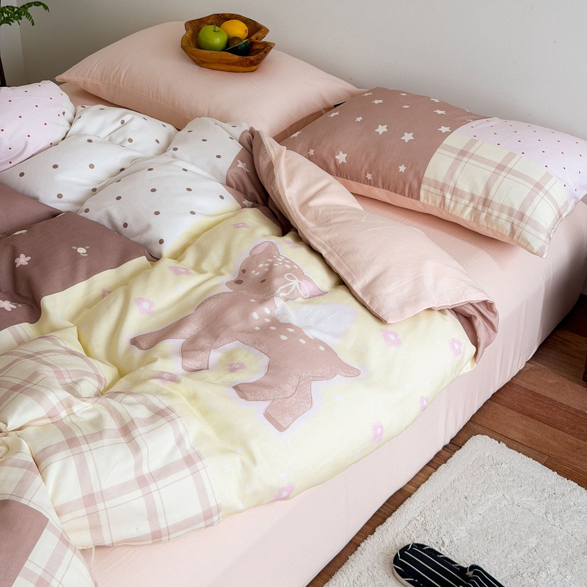Modernes Wendbares Bettwäscheset mit Vichy-Karo- und Patchwork-Mix, inklusive Spannbettlaken
