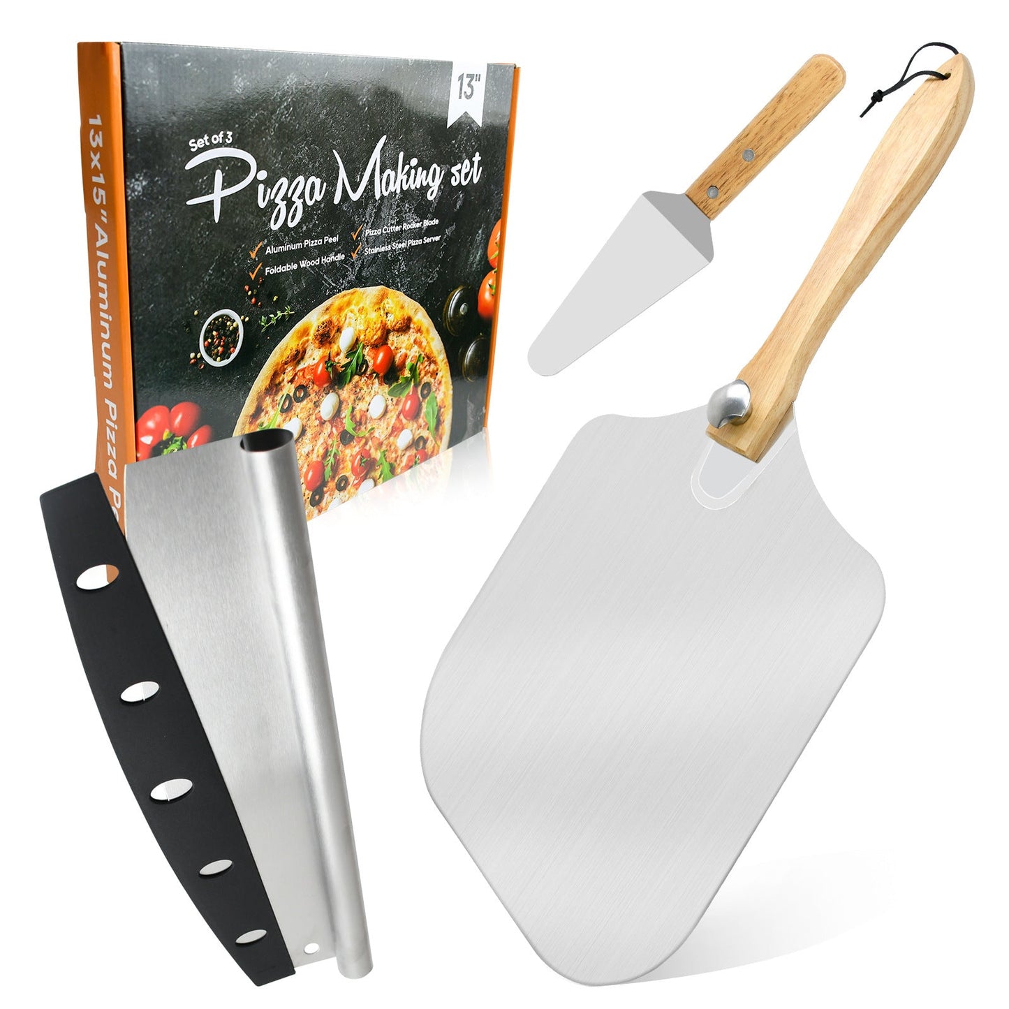 professionelles Pizzaschaufel-Set mit zusammenklappbarem Buchenholzgriff, Aluminium-Schaufel und Edelstahl-Rocker-Cutter Brehn