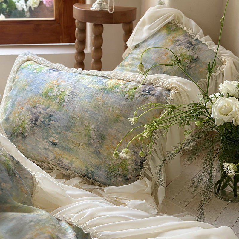 Luxuriöses Steppbett-Set mit Aquarell-Blumenmuster, Rüschen-Volant und Kissenbezügen