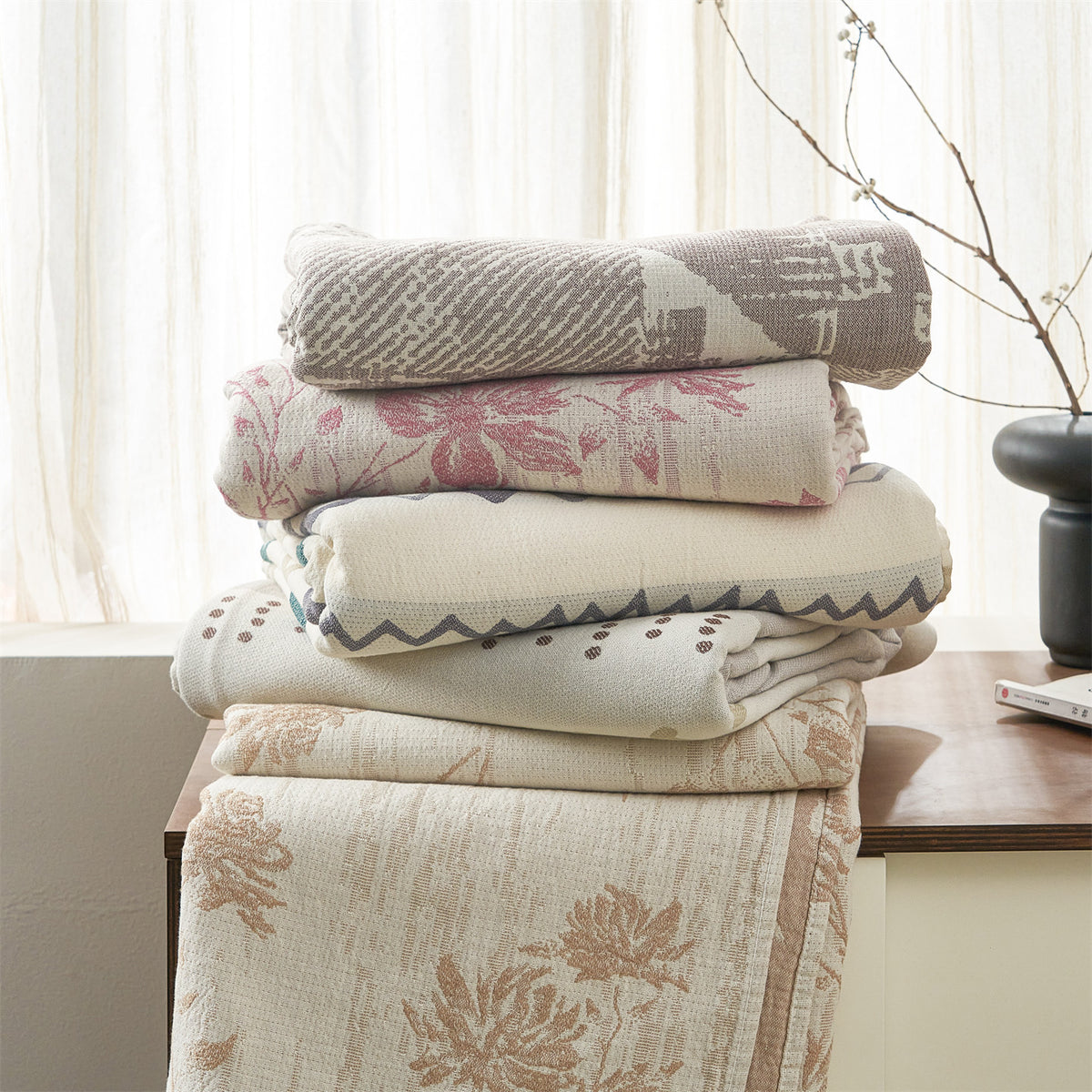 Wendbare Florale Jacquard Baumwolle Überwurf Decke Bettüberwurf