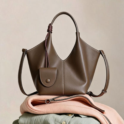 Kragend-Top Weiches Leder Bucket Tote mit Hängender Mini-Tasche