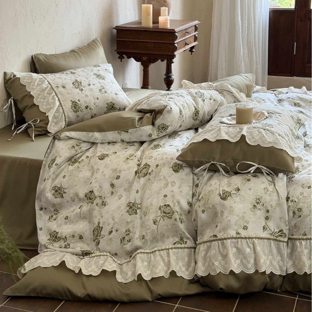 Vintage Floral Ruffled Lace Bettbezug Set