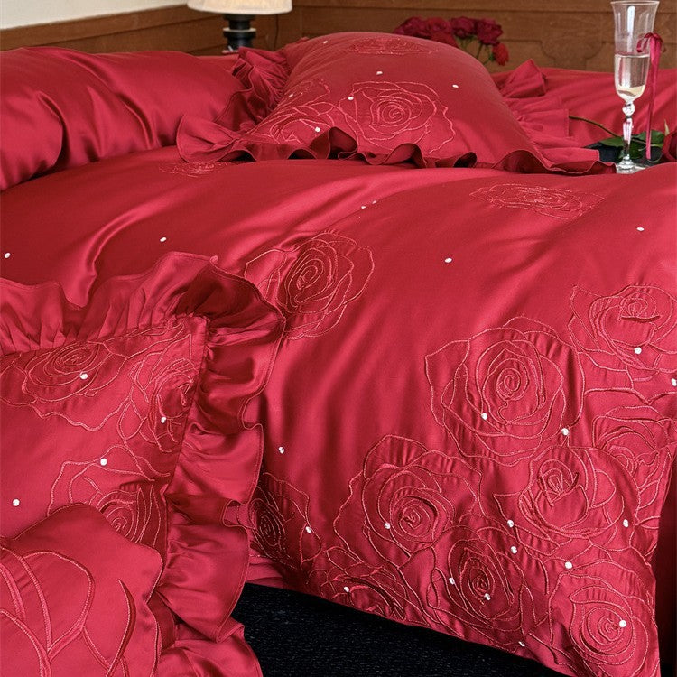Satin-Bettwäsche-Set mit Rosenstickerei, Rüschenkissen und Dekokissen Brehn