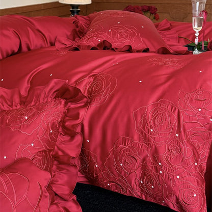 Satin-Bettwäsche-Set mit Rosenstickerei, Rüschenkissen und Dekokissen Brehn