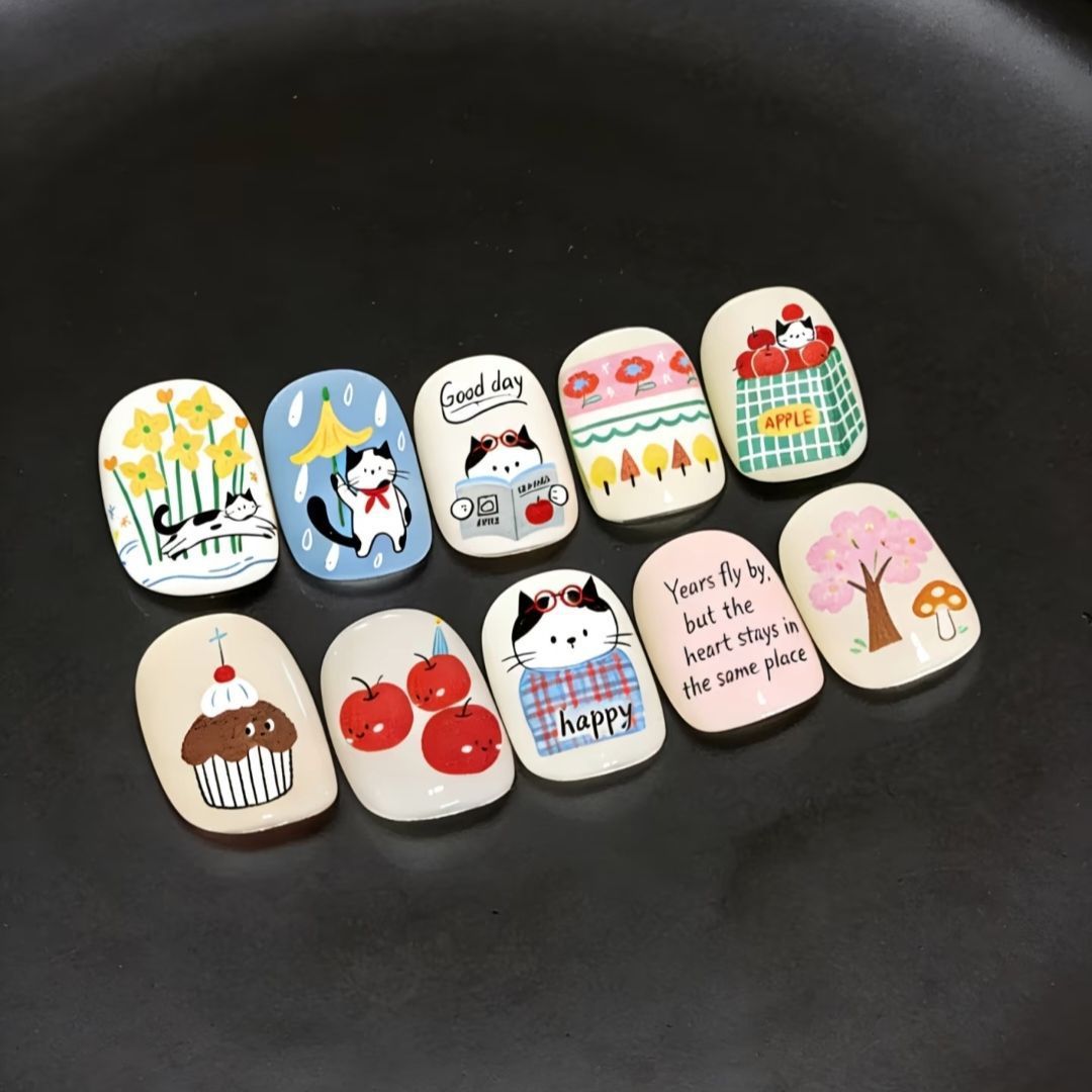 Künstlerisches katzenmotiviertes Press-On-Nagelkunstset Brehn