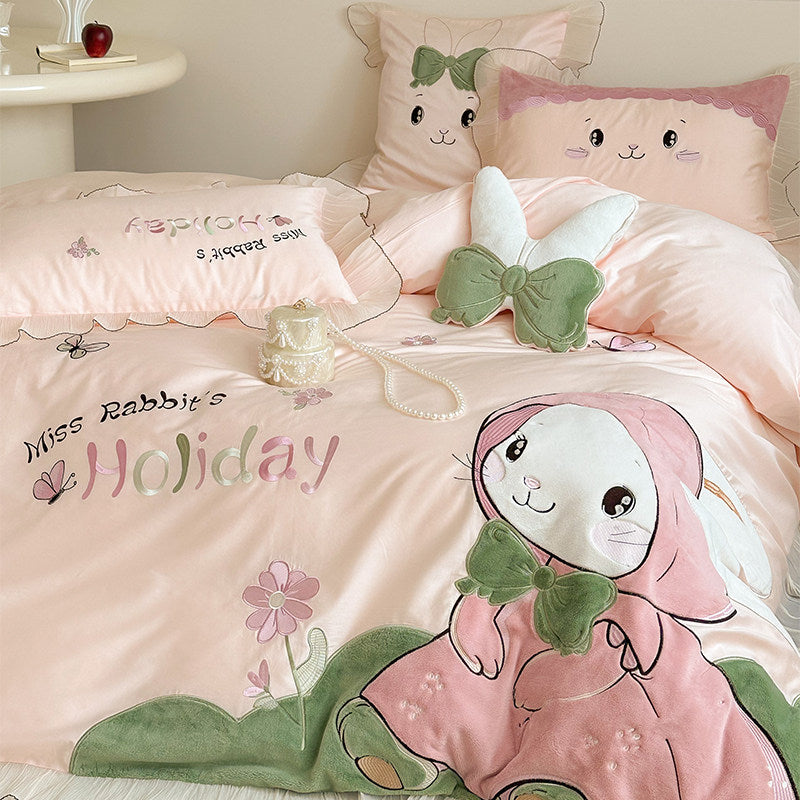Rabbit Appliqué Baumwollsateen Bettbezugset mit Plüschakzenten