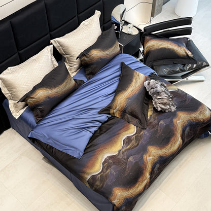 Premium Abstract Wave-Print Baumwollsatin Bettbezug Set mit Wendbarem Einfarbigem Rücken