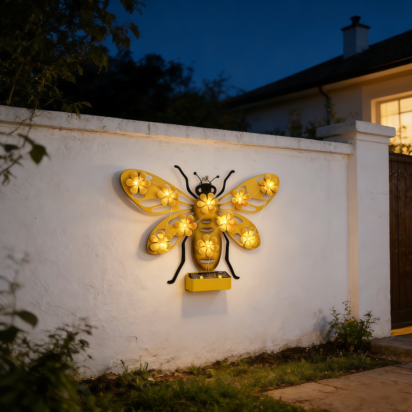 Dekorative Solar LED Bienen Wand Skulptur Mit Floralen Lichterketten Und Metall Halterung Brehn