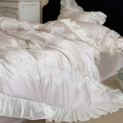 Spitzenbesatz Satin-ähnliches Rüschende Bettbezug Set mit eingewebtem Medaillon Jacquard