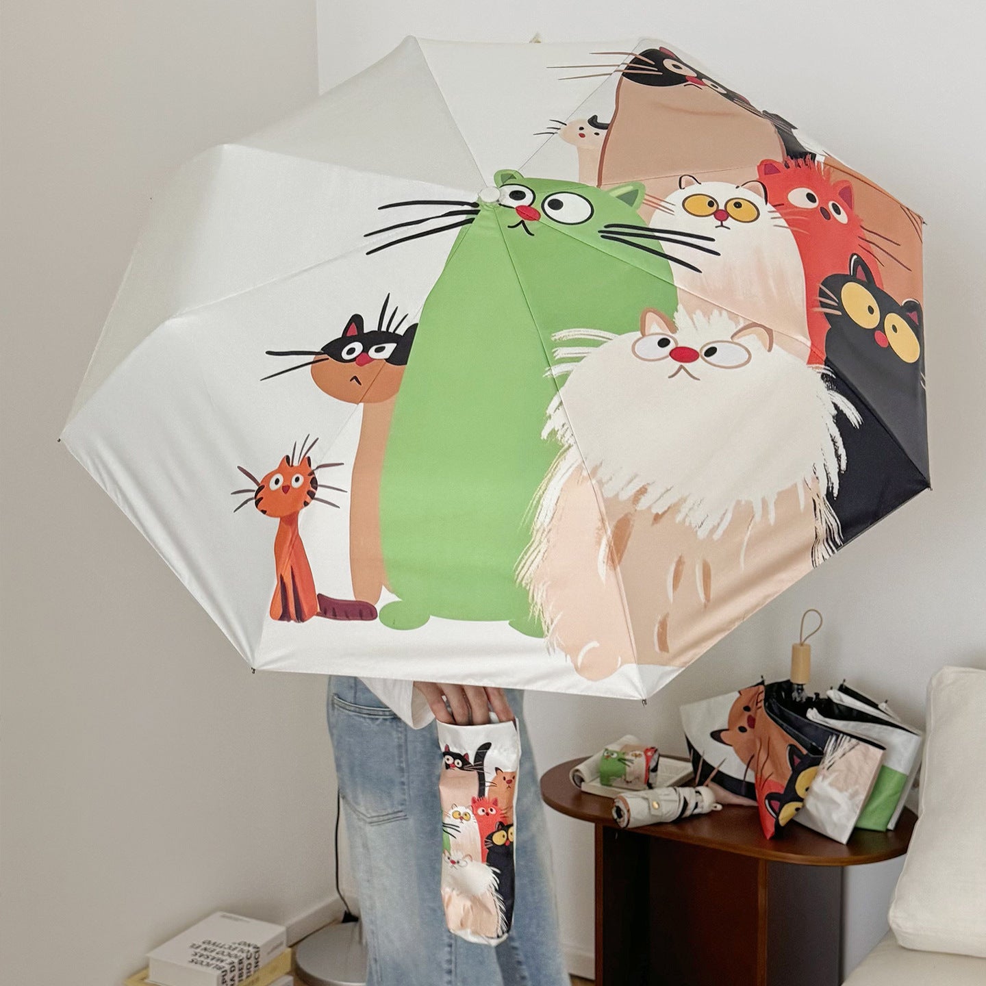 Damen Faltbarer Regenschirm mit verspieltem Katzenmotiv Brehn