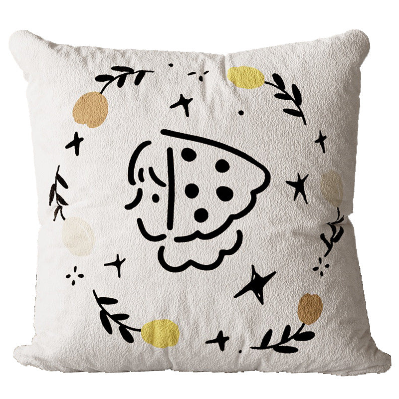Square Plush Textured Decorative Pillow Cover with Hand-Drawn Pizza Illustration and Botanical Accents