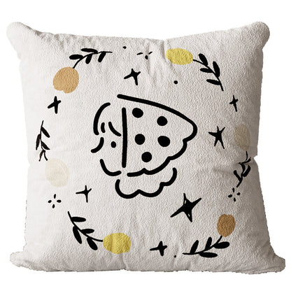 Square Plush Textured Decorative Pillow Cover with Hand-Drawn Pizza Illustration and Botanical Accents