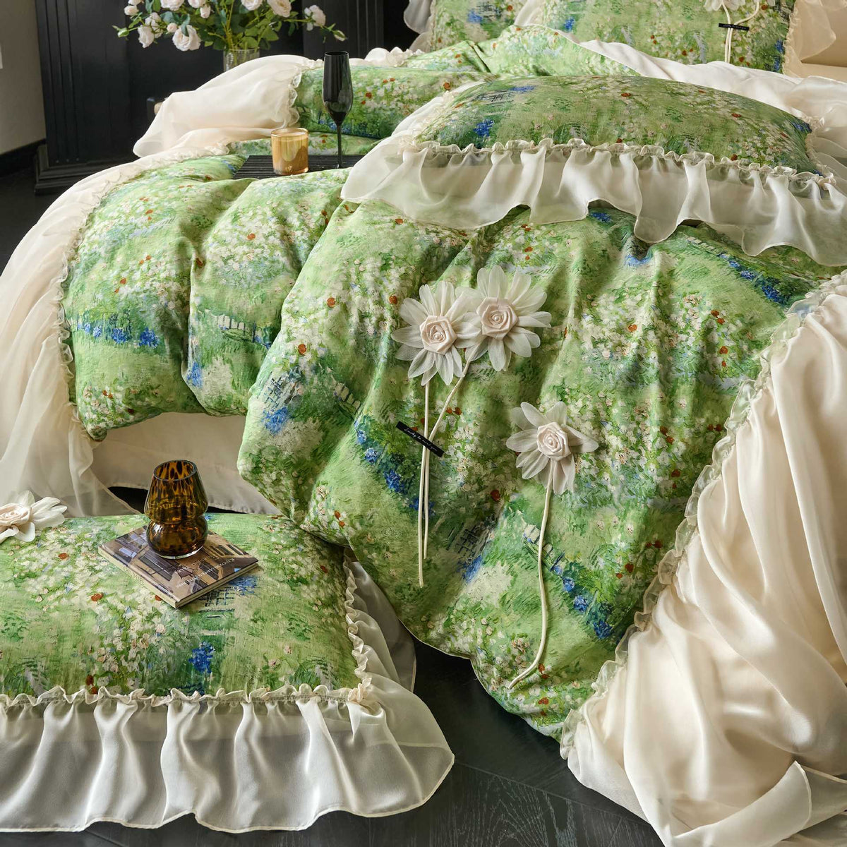 Rüschend Floral Chiffon-Besatz Bettbezug und Kissenbezug Set
