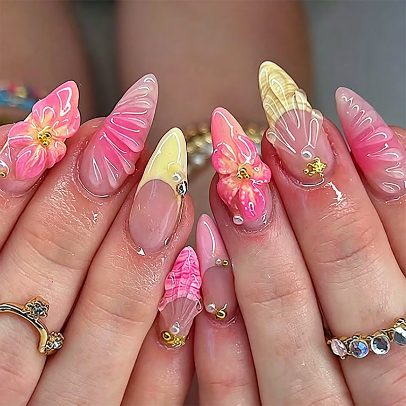 Kunstnagelset mit buntem Blumendesign und luxuriösen 3D-Verzierungen Brehn