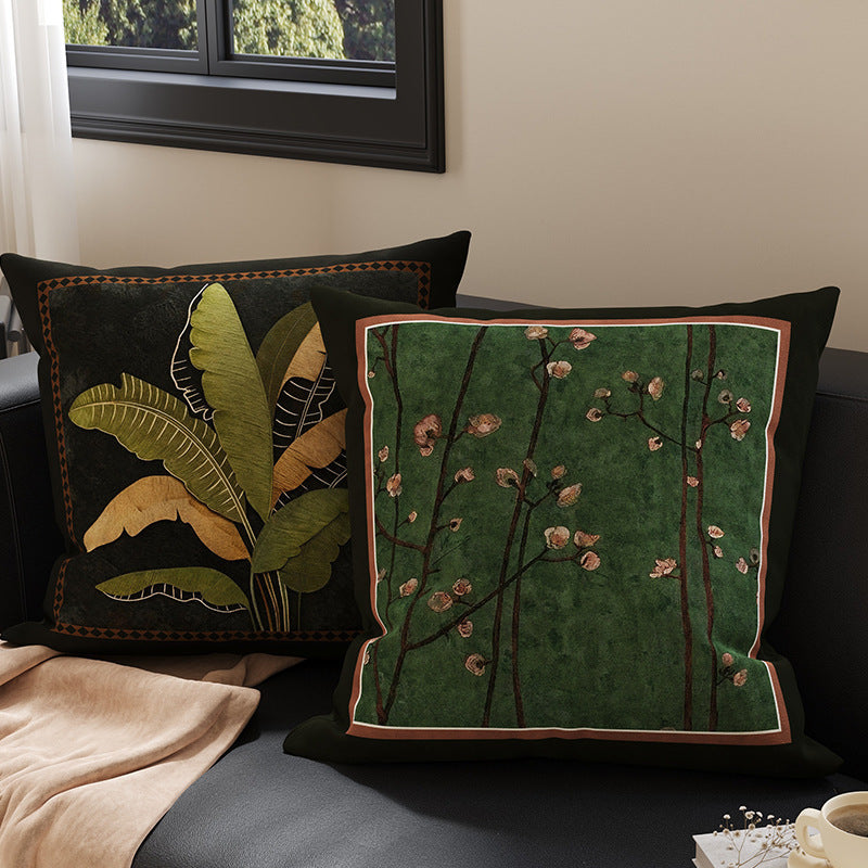 Square Velvet Accent Pillow Cover with Vintage Botanical Tapestry Print and Contrast Border