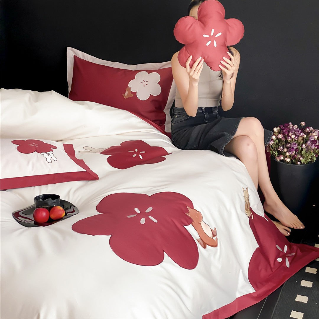 Baumwoll-Satin Bettbezug Set mit bestickter Fuchs und Katze Applikation