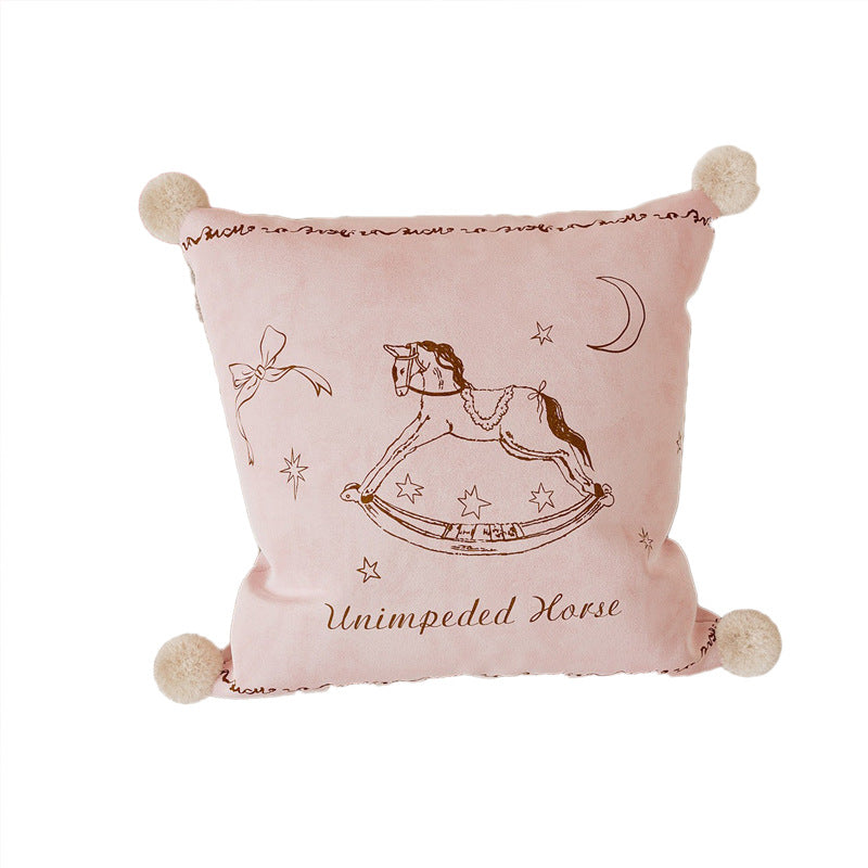 Velvet Pom-Pom Corner Decorative Throw Pillow Cover with Hand-Drawn Rocking Horse Motif