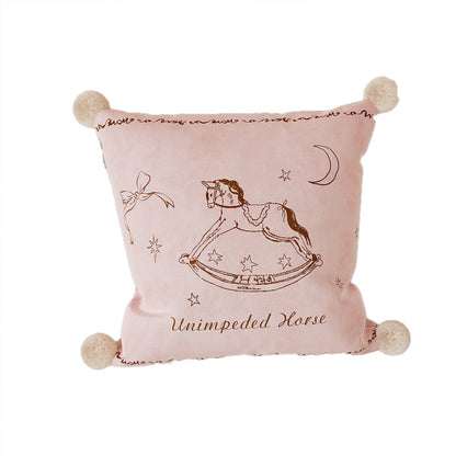 Velvet Pom-Pom Corner Decorative Throw Pillow Cover with Hand-Drawn Rocking Horse Motif