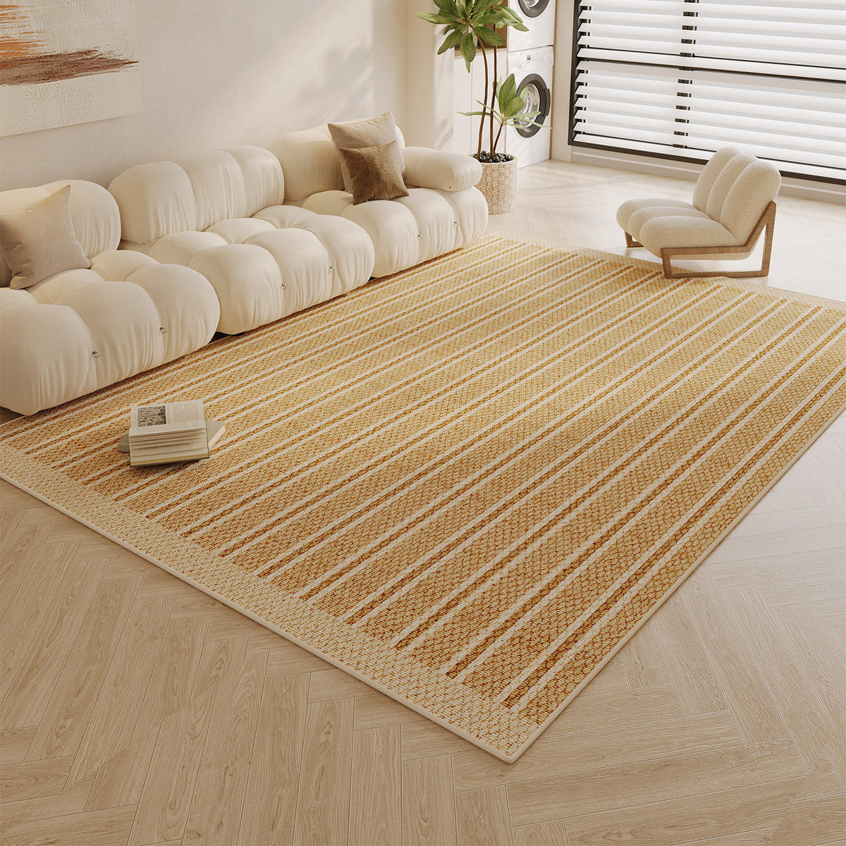 Large Low-Pile Striped Textured Area Rug with Durable Stain-Resistant Weave