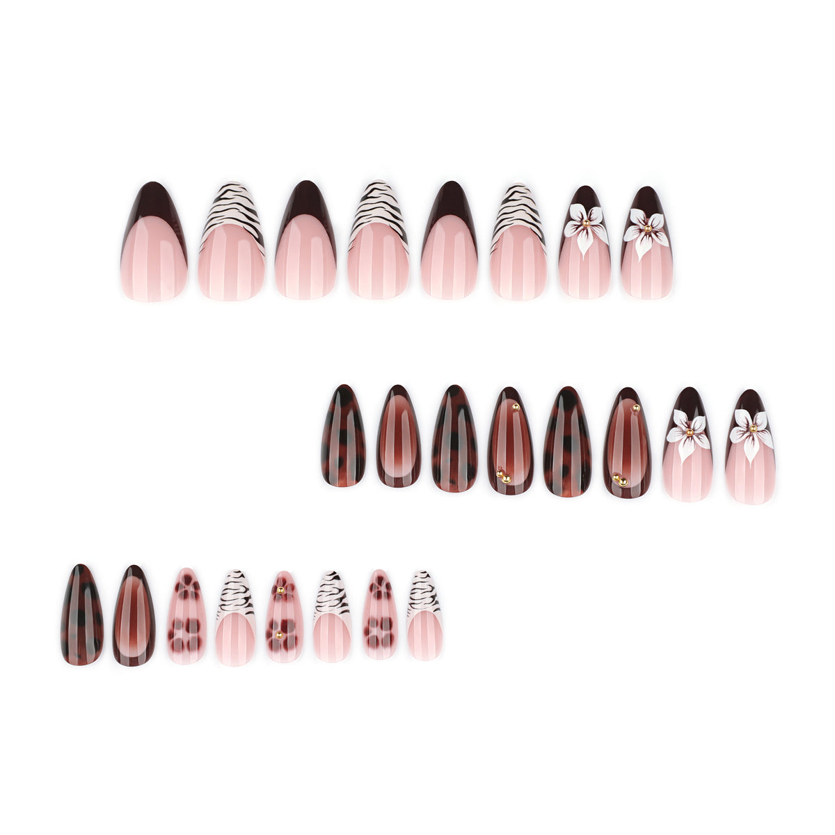 Kunstvolle Stiletto-Nägel mit eleganten Blumenmotiven und Glitzerakzenten Brehn