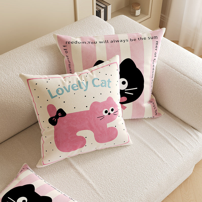 Square Decorative Throw Pillow Cover with Cute Cartoon Cat Illustration and Vertical Pink Stripe Linen-Blend