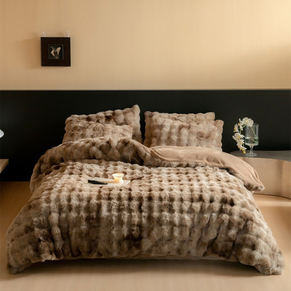 Faux-Fur-texturiertes wendbares Bettbezug-Set mit plüschigen Kissenbezügen