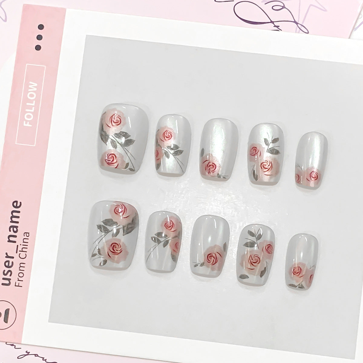Kunstvolle Nagelverlängerungen mit Rosenmotiven Brehn
