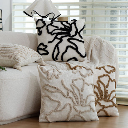 Quadratischer dekorativer Kissenbezug mit erhabenem floralen Chenille‑Tufting und Leinenoptik Brehn