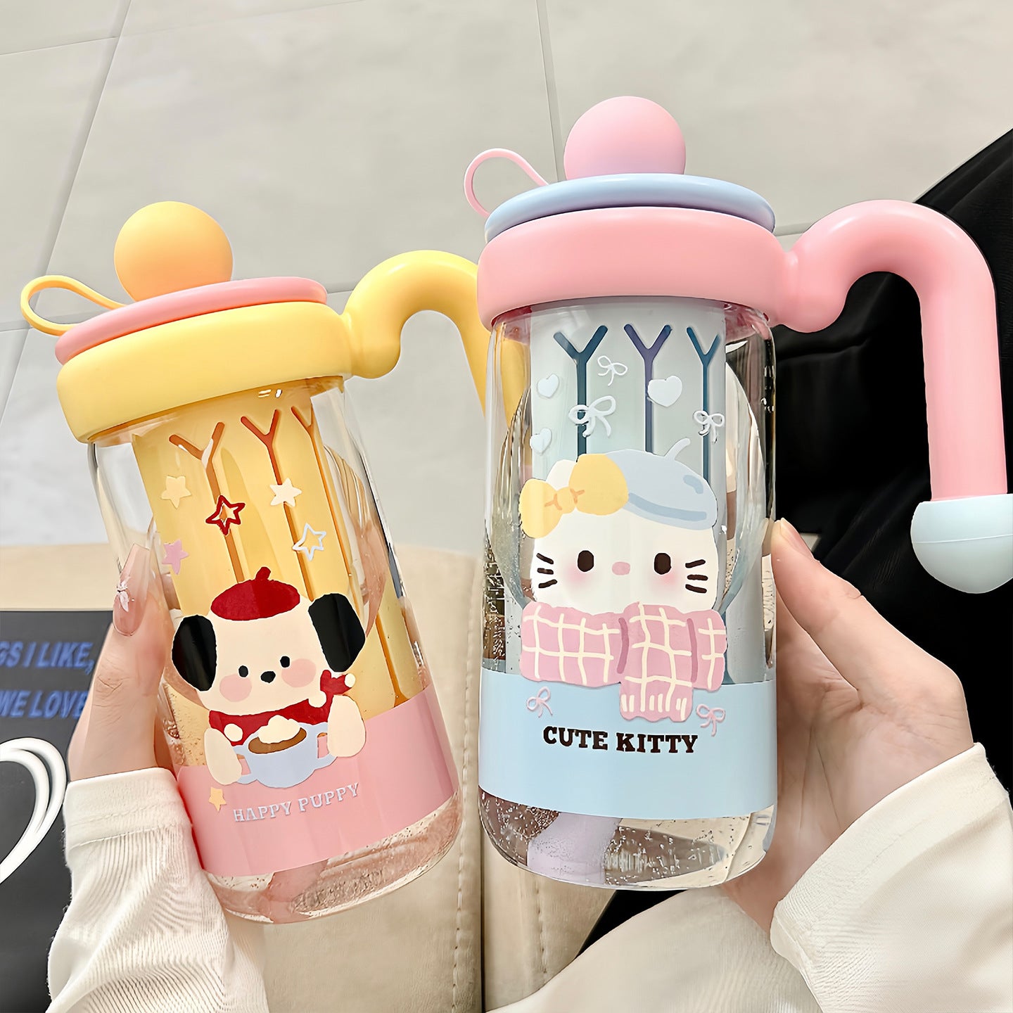 Damen Trinkflasche mit verspieltem Katzenmuster Brehn