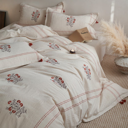 Handgenähte florale gestickte Leinen-Misch-Duvet-Bezug-Satz mit Quasten-Kissenbezügen