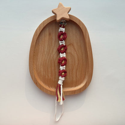 Baumwolle Häkelblumen Schnuller und Beißring Clip mit Holz Herz Sicherheitsclip