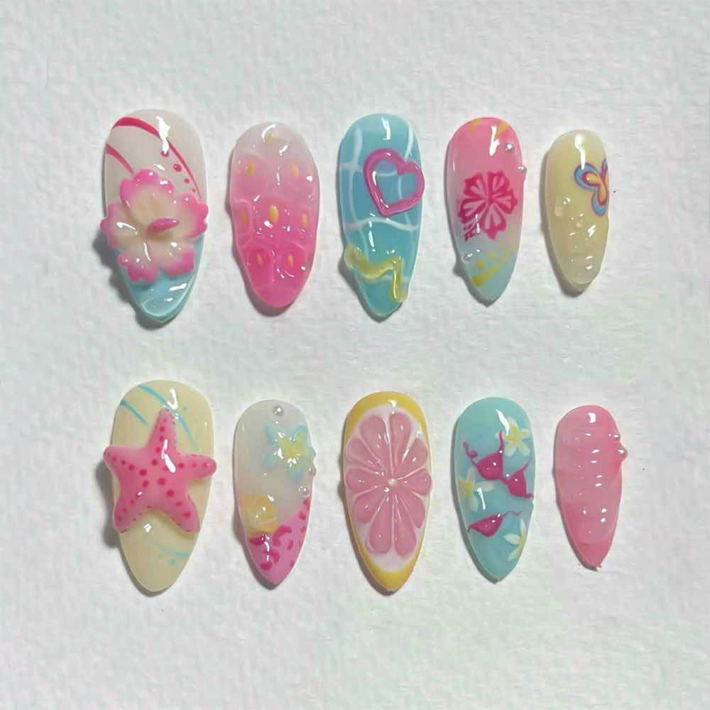 Künstlerisches Floral- und Stern-Applikationen Press-On Nagelset Brehn