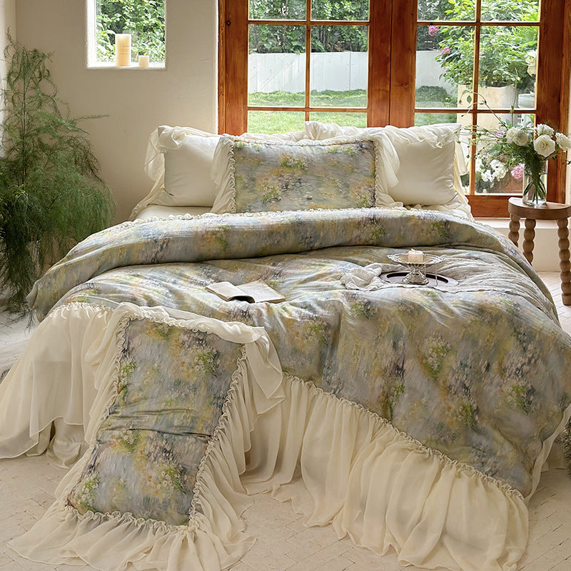 Luxuriöses Steppbett-Set mit Aquarell-Blumenmuster, Rüschen-Volant und Kissenbezügen