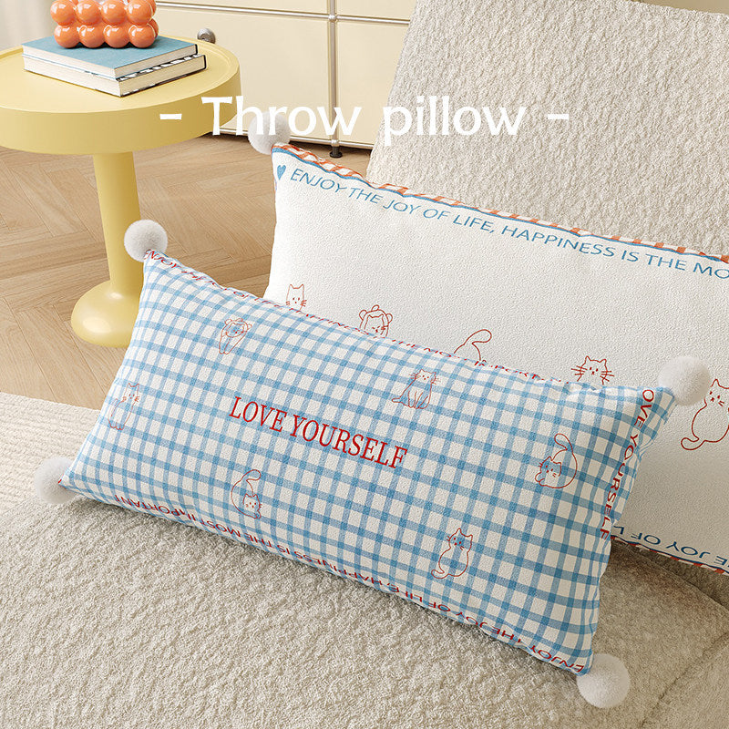 Rectangular Argyle-Pattern Lumbar Pillow Cover with Embroidered Slogan, Cat Motifs and Pom-Pom Corners