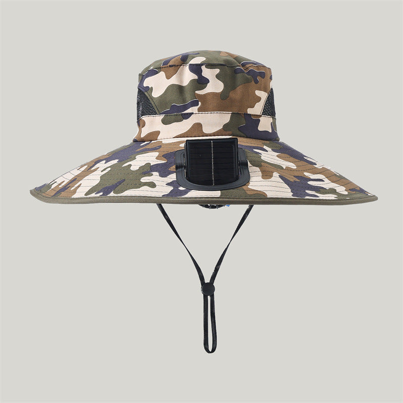 Breite-Krempe Outdoor Sonnenhut mit solarbetriebenem Mikroventilator, atmungsaktivem Mesh und verstellbarem Kinnriemen Brehn