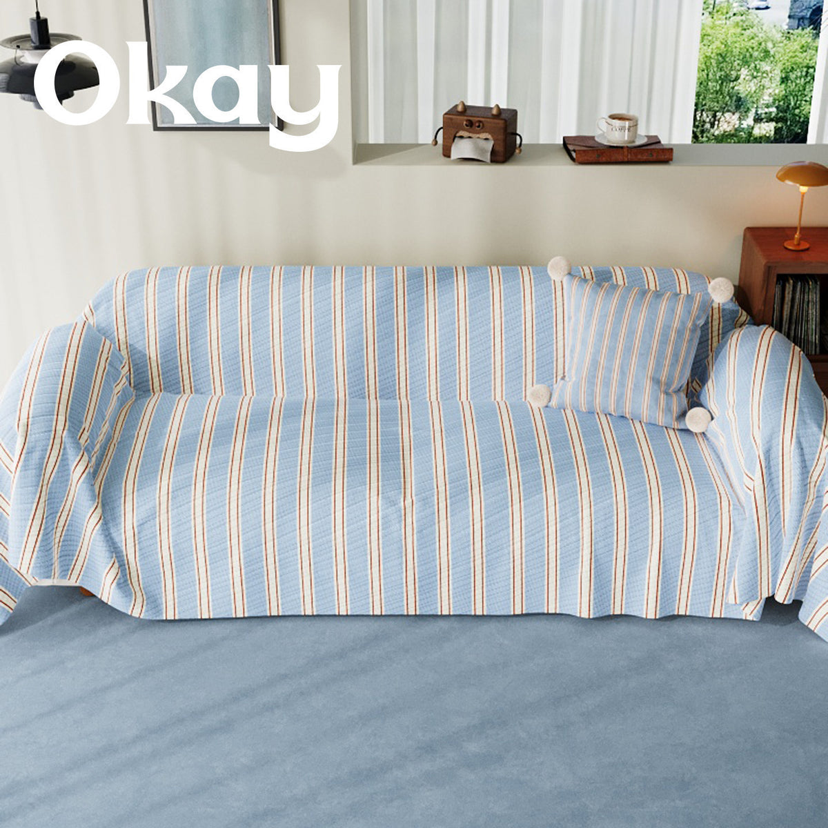 Striped Quilted Sofa Slipcover with Pom-Pom Accent Pillowcase