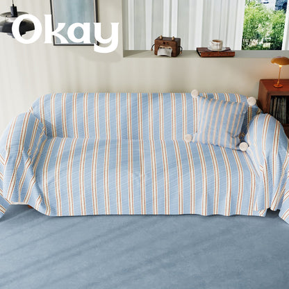 Striped Quilted Sofa Slipcover with Pom-Pom Accent Pillowcase