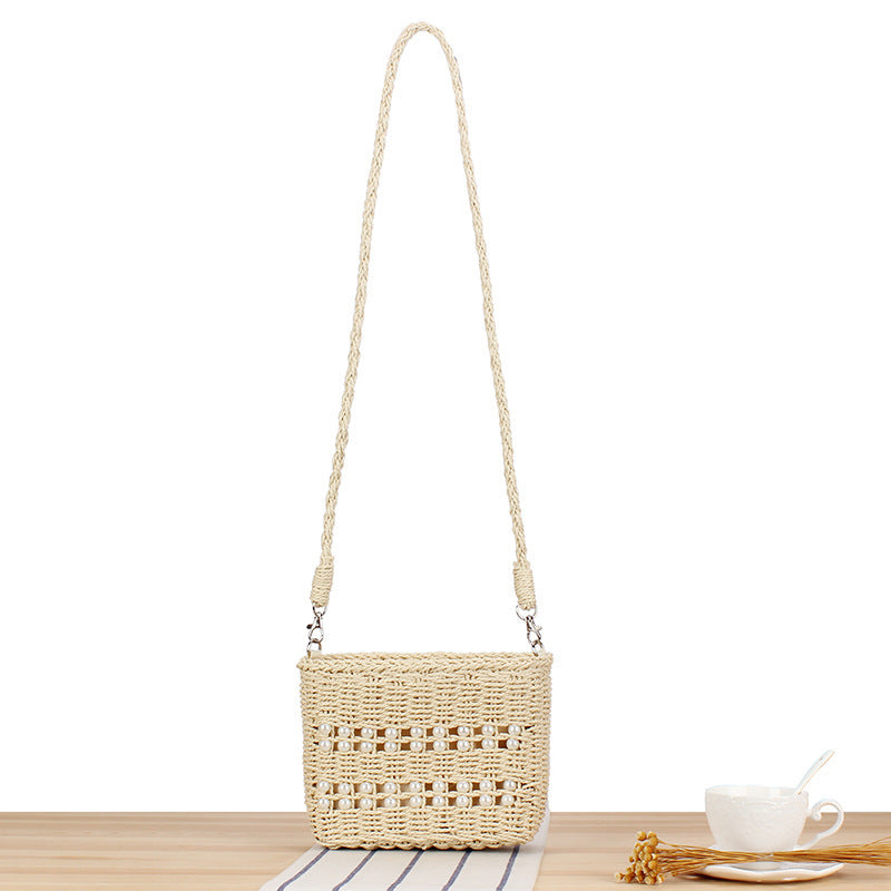 Handtasche Aus Handgewebtem Naturmaterial mit Perlenverzierung Brehn