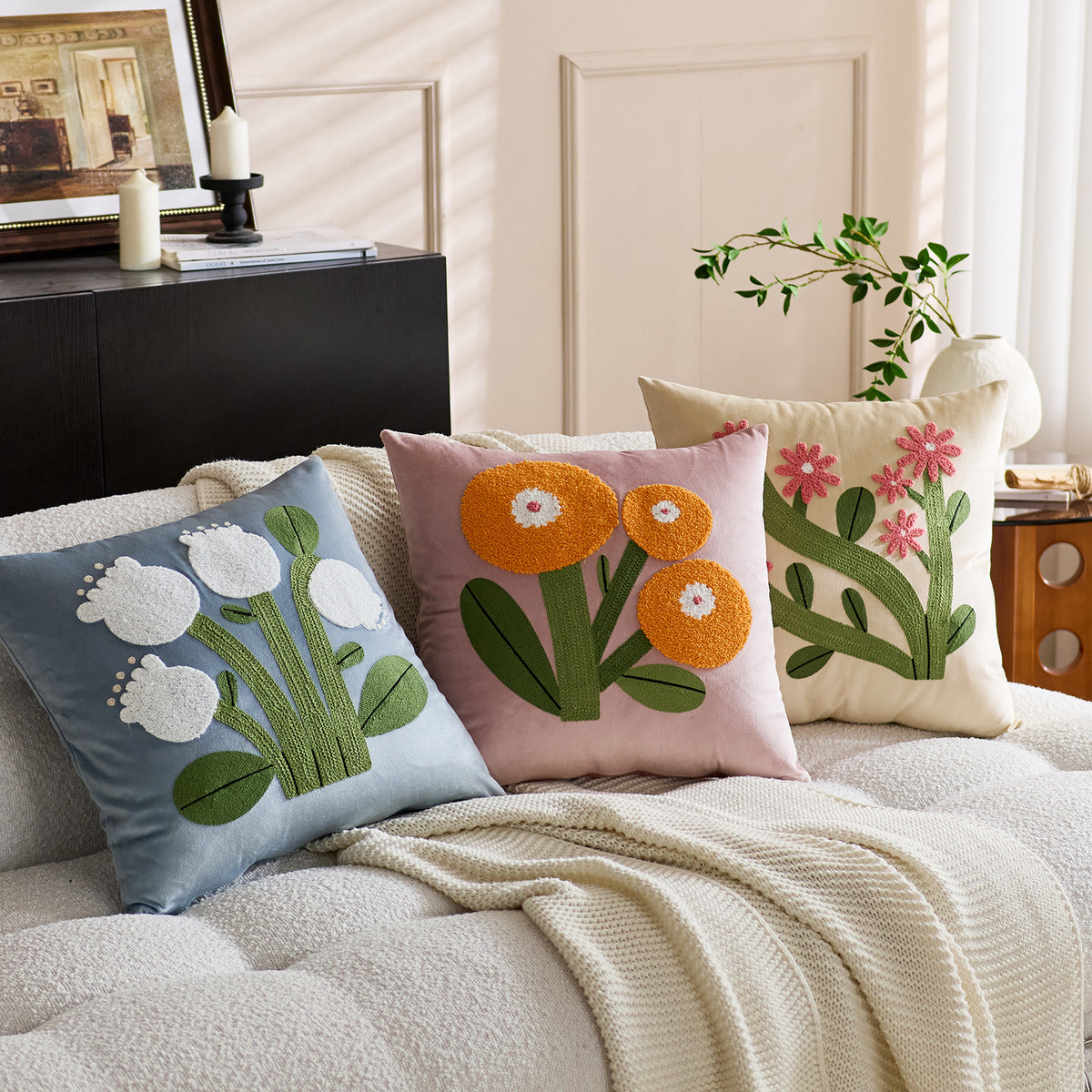 Quadratisches Samt-Applikations-Tufted Floral Akzent-Wurfkissen