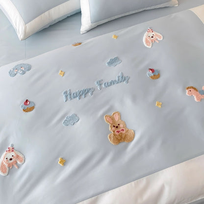 Baumwoll-Satin Applikation Hase Bettbezug Set mit Kontrastbordüre und Dekokissenbezügen