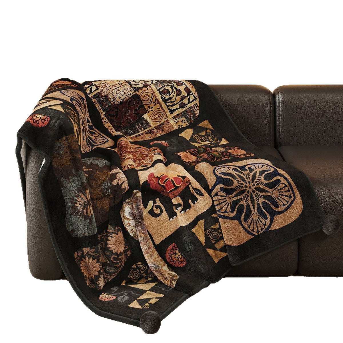 Plush Patchwork Velvet Throw Blanket with Pom-Pom Corners