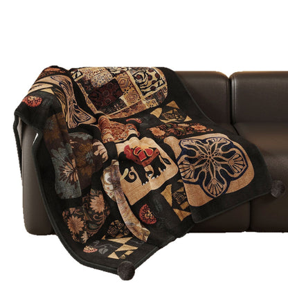 Plush Patchwork Velvet Throw Blanket with Pom-Pom Corners