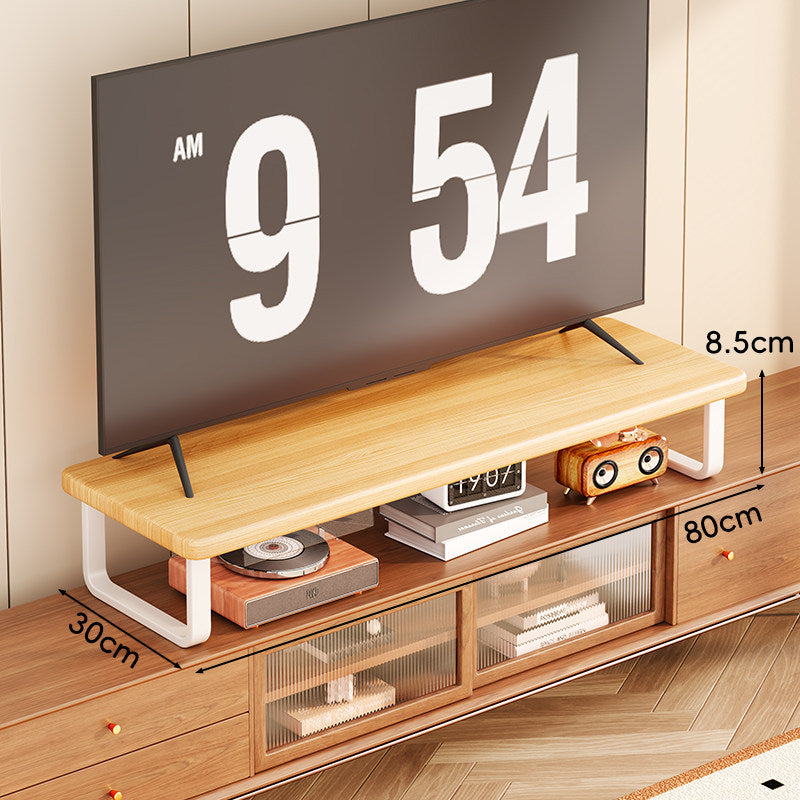Breite Holz-TV-Ständer mit Metall-U-Beinen und erhöhter Ablage